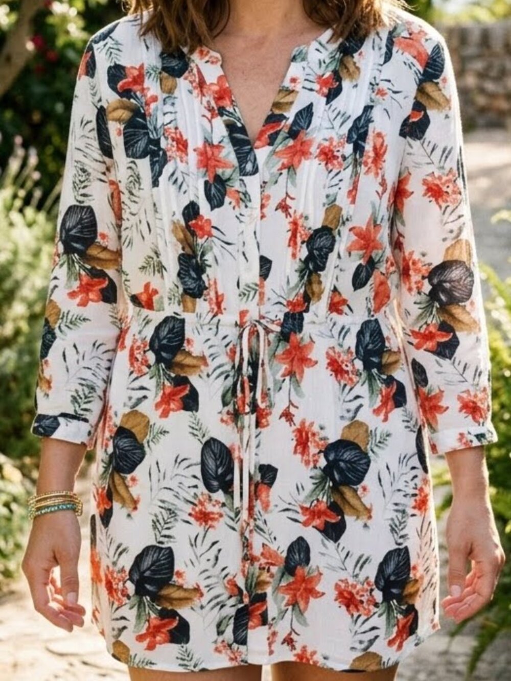 Hilary Radley Woman's Floral Drawstring Waist Blouse 3/4 Sleeve Tunic Top XL